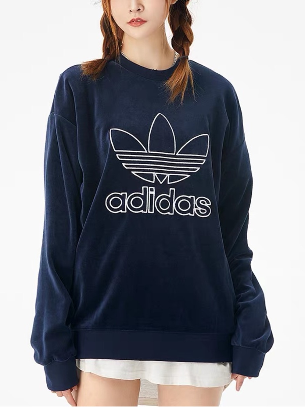 adidas Dark Blue Navy Trefoil Logo Crewneck Velour Sweatshirt